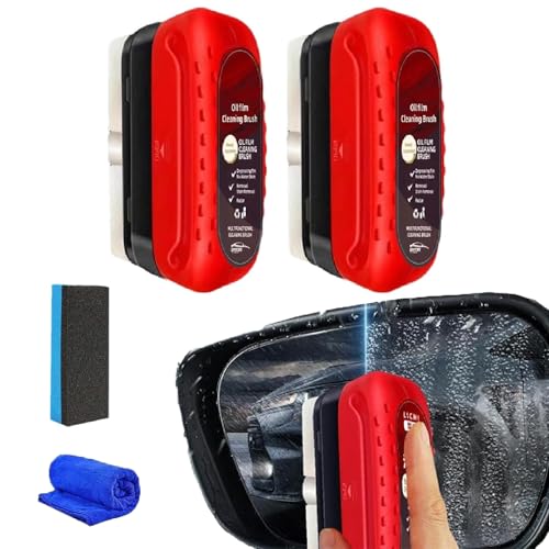 Glass Cleaner, 150mL Wind Shield Cleaner, Car Oil Film, Universal Glass Cleaning Wipe Board, Automotive Oil Film Cleaning Brush Red,2pcs