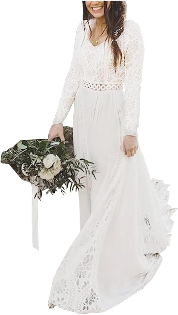 Womens Boho Lace Wedding Dresses with Sleeves V Neck Wedding Gown Long Beach Bridal Gowns for Bride