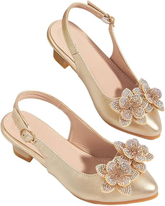 Girls Low Heels Dress Shoes Glitter Rhinestone Princess Sandals Wedding Party Pump