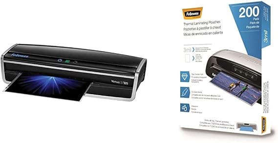Fellowes Laminator Venus 2 125, Warm-up Machine, with Pouches Kit (5734801), Black, Silver, 5.1" x 21.3" x 8.2" & Thermal Laminating Pouches, Letter Size 9 x 11.5-Inches, 3 mil, 200 Pack (5743401)