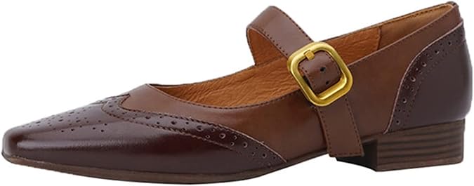 Women's Mary Jane Leather Flats Ballet Dress Shoes Square Toe Slip On Vintage Casual Style