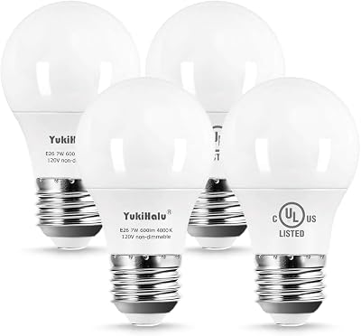 YukiHalu A15 LED Light Bulbs, 60W Equivalent, E26 Base, 2700K3000K4000K5000K 7W 600 Lumens 120V, Non-Dimmable, UL Listed, Ceiling Fan Light Bulbs, Appliance Bulb, Pack of 4 4000K Cool White