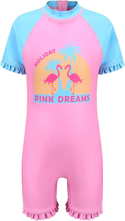 Girls One Piece Rash Guard Swimsuits for Kids UPF 50+ Sun Protection Short Sleeve Swim Shirt