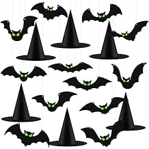 Fovths 12 Pieces Halloween Hanging Decoration With Glow Eyes - 6 Pack Black Witch Hat for Garden Yard Lawn Scary Decor Outside