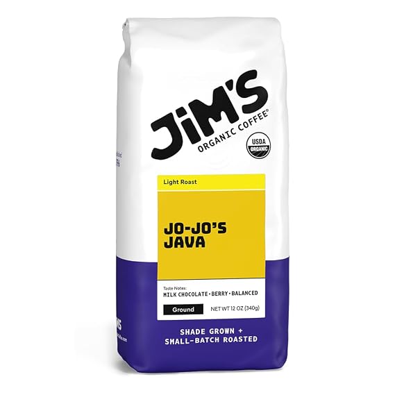 Jims Organic Coffee Jo-Jo's Java Blend: Ground Coffee Medium/Light Roast 12oz Bag Certified Organic, Regeneratively Grown, Ethically Sourced, Shade Grown Coffee