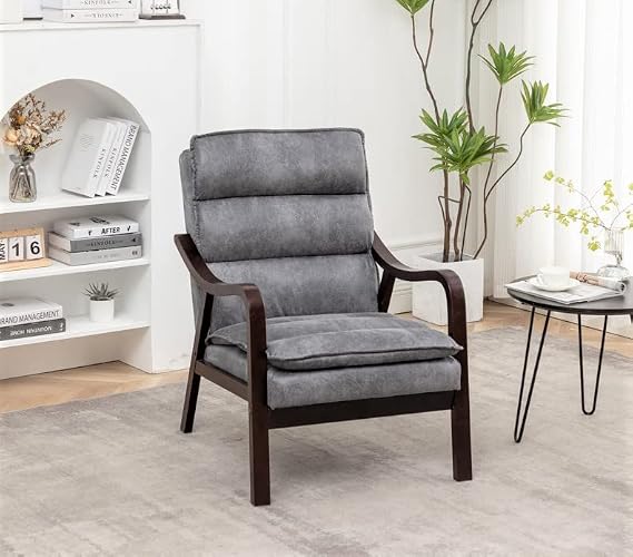 Container Furniture Direct Mid Century Modern Accent Chair for Living Room, Bedroom or Office, Retro-Styled Armchair with Solid Wood Frame and Plush Cushioning, Spotted Microfiber, Grey
