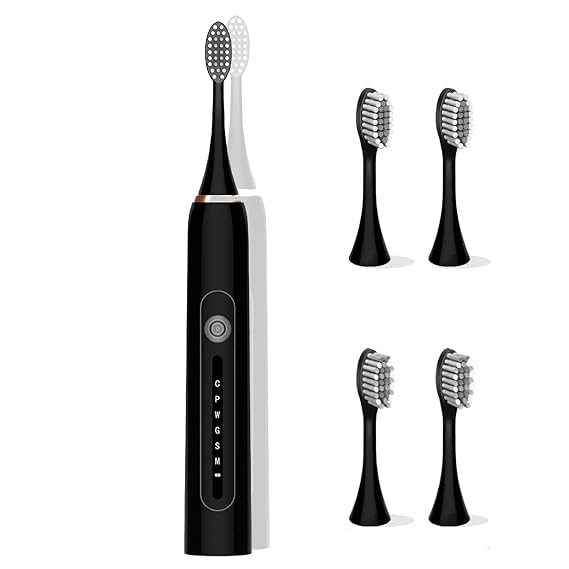 Sonic Electric Toothbrush Low Noise Designed Ideal for Adults Kids, 6 Optional Modes IPX7 USB Fast Charging Electric Ultrasonic Toothbrush with 2 min Build in Timer & 4 Replacement Brush Heads (Black)