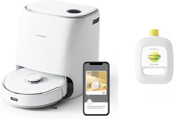 NARWAL Freo Robot Vacuum and Mop Comb with Specially Formulated Floor Cleaner. Washing & Drying, Dirt Sense Ultra Clean, Auto Add Cleaner, LCD Display, Smart Swing, Arcuate-Route, WiFi, APP Control