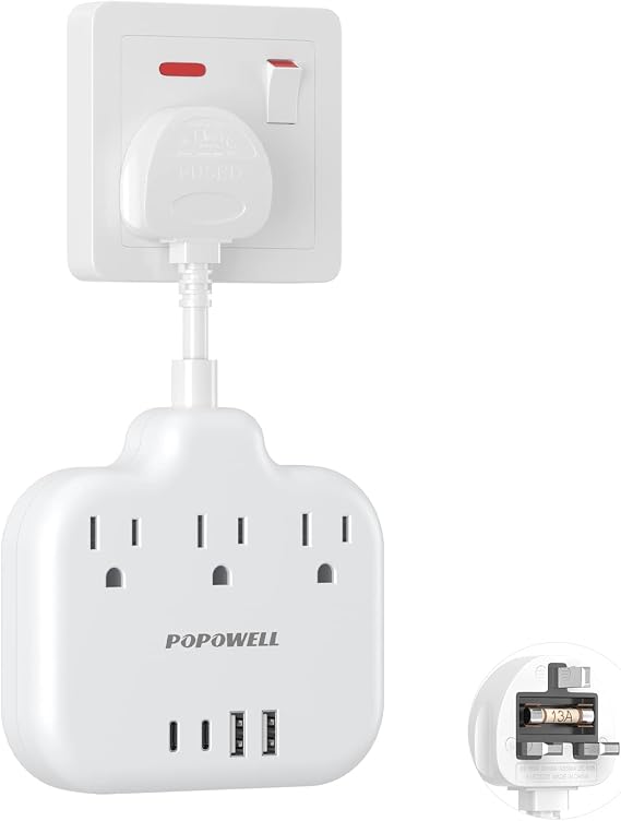 UK Travel Plug Adapter with USB C, UK Power Strip with 4 USB(2 Type-C),Type G, US to UK Plug Adaptor for USA to Scotland British Singapore Hong Kong Dubai, Fuse Power adpater,Non-Block, White