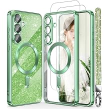 Magnetic for Samsung Galaxy S25 FE 5G Case + 2X Screen Protectors,Luxury Plated Gold Edge [Glitter Card&Wrist Strap] Slim Soft Crystal Clear TPU Shockproof Case Cover for S25 FE-Grass Green