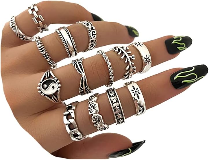 Vintage Silver Knuckle Ring Set Star Moon Elephant Stackable Rings Chain Flower Multiple Midi Finger Ring Sets for Women