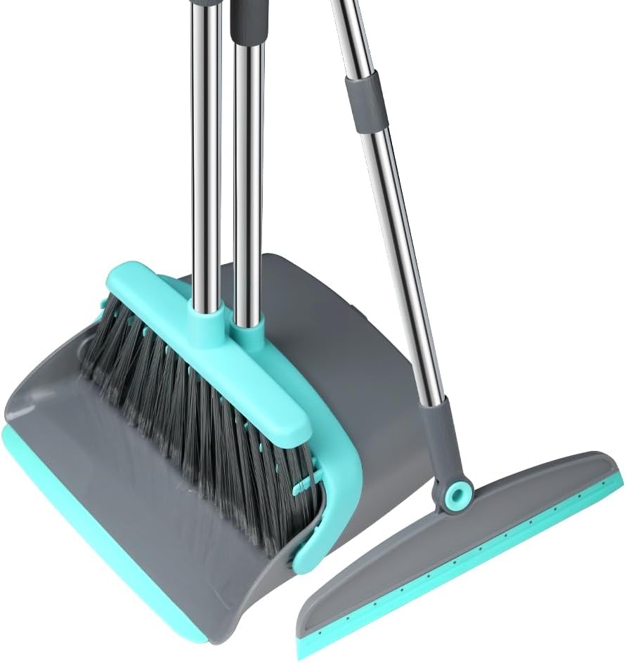 Upgrade Broom and Dustpan Set, Silicone Broom,Long Handle Broom with Upright Standing Dustpan, Squeegee - Broom for Indoor Cleaning 21,for Indoor Outdoor,Smooth Floors, Rugs Green-Grey