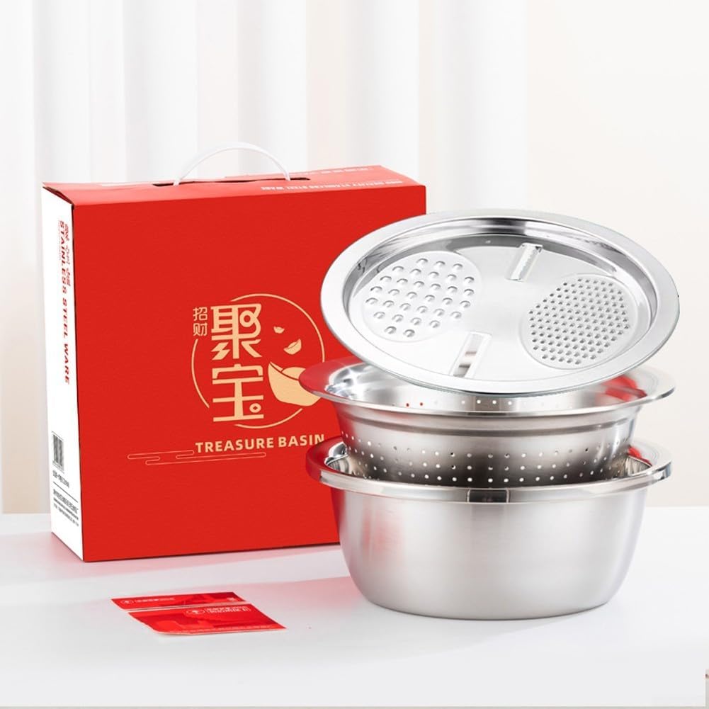 Stainless Steel Mixing Bowl Set 3 Piece Stackable Basins for Kneading Dough Washing Vegetables Food Storage New Chinese Style Kitchen Utensils Natural Red(C)