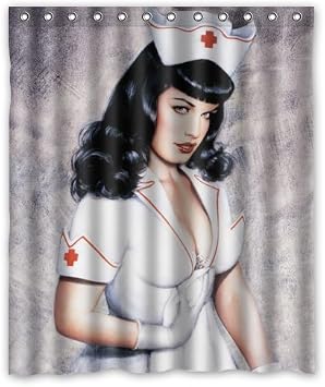 FUNNY KIDS' HOME Vintage Retro Shower Curtain - Nurse Bettie Sexy Pin Up Girl - Body Art Work Canvas Painting Style Waterproof Polyester Fabric 60(w) x72(h) Rings Included