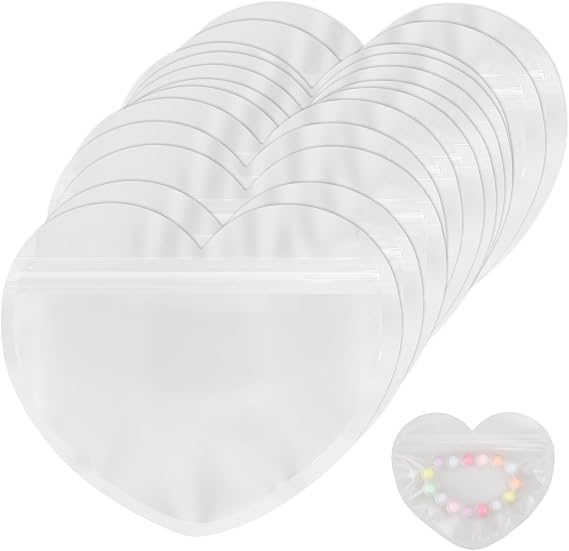 HRX Package 100pcs Small Jewelry Bags, Mylar Heart Shaped Zip Top Lock Bags | 5x3.5 in Usable Area, Clear Display Window, Suitable for Bracelets, Samples, Press-On Nails, Crystals, and Small Business