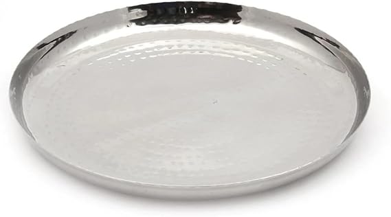 Stainless Steel Hammered Plate 28cm – Premium Round Serving & Dining Plate with Sharp Edge and Mirror Finish – Durable Rust Resistant Metal Thali for Meals, Snacks, Pasta, Curry & Desserts