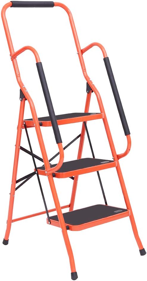 LUISLADDERS Step Ladder with Handrails, Step Stool with Handle for Elderly, Folding Step Stool with Widened Anti-Slip Pedal, Multi-use for Kitchen Office Home (3 Step)