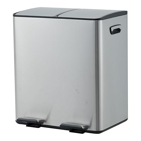 5gal Stainless Steel Double Trash Can with Lid for Kitchen, Large Dual Trash and Recycle Bin Combo, Step-on Kitchen Metal Garbage Cans, PP Inner Buckets, Liner Rim, Sliver
