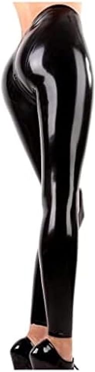 Black Sexy Latex Leggings with Crotch Zippers Long Rubber Pants Jeans Trousers Bottoms,Black,X-Large