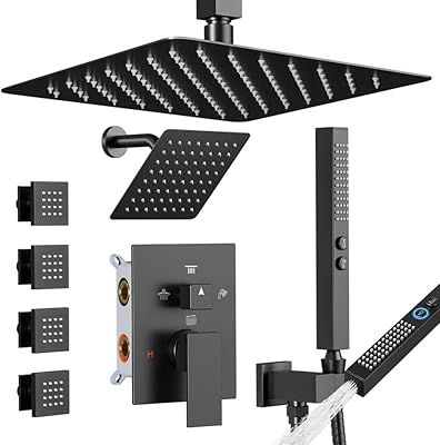 Shower System with Body Jets Matte Black, STARBATH 4 Way 126 Shower Faucet Sets Complete with 2 in 1 Handheld,Ceiling Mounted Rainfall Dual Shower Head with 4 Body Spray Jets, Shower Jets System