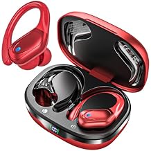 Wireless Earbuds Bluetooth Headphones 80hrs Playback Ear Buds Power Display with Noise Canceling Mic with Earhooks for Sports/Workout/Running Red