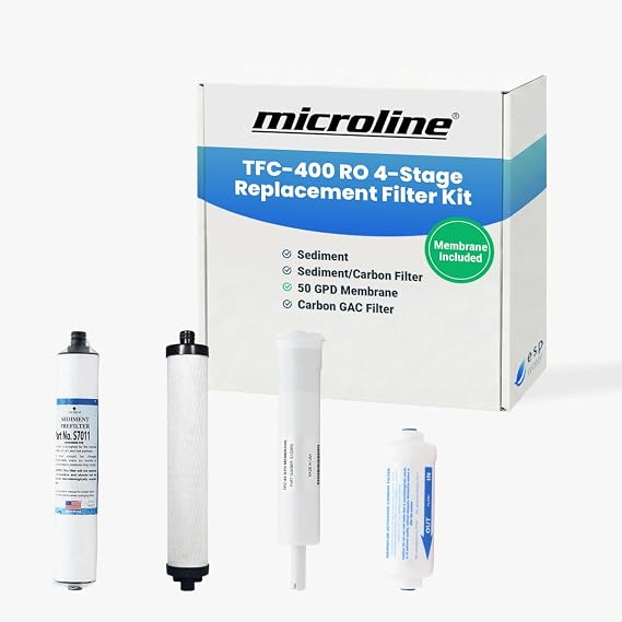 Genuine Microline TFC-400 Reverse Osmosis Replacement Filter Kit 4-Stage RO System Maintenance Set with Sediment, Carbon, RO Membrane & Post Filters Includes S7011, S7028, S1229RS, S7206W-JG
