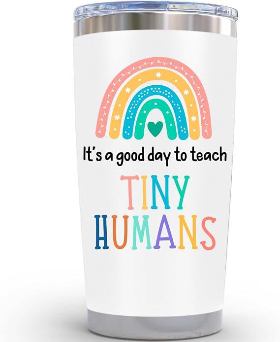 KLUBI Daycare Teacher Gifts for Women - It's a Good Day To Teach Tiny Humans 20oz White Tumbler Gift for Kindergarten, Valentines Day, Appreciation, Pre K, Elementary, Preschool Teachers Week Present