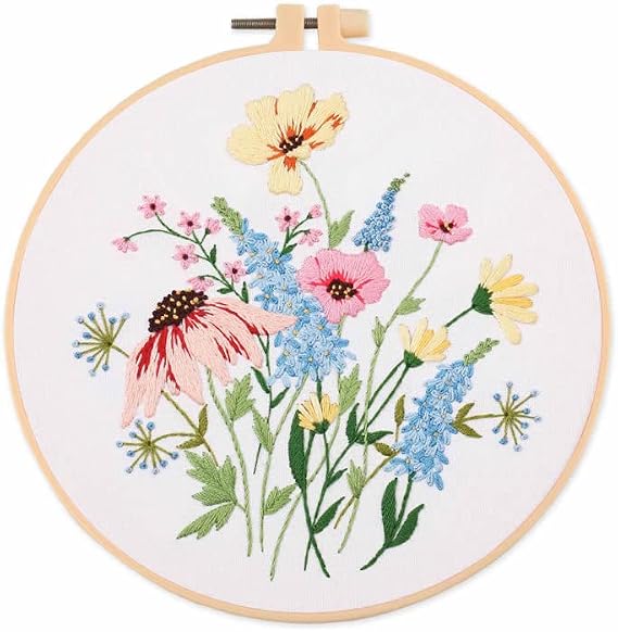 Amiiba Embroidery Starter Kit with Flowers Bush Plant Pattern, DIY Full Range Stamped Embroidery Cross Stitch Kits for Beginners Adults (Flowers)