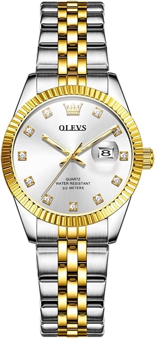 OLVES Watches for Women, Elegant Stainless Steel Ladies Small Wrists Watches with Calendar, Fashion Waterproof Diamond Quartz Watch for Women, White/Pink/Blue/Green/Purple/Gold Dial