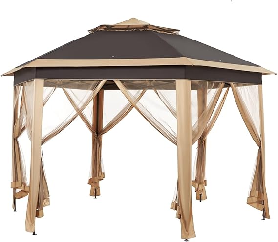 Yaheetech 13x13 Pop Up Gazebo Double-Tier w/Mesh Netting Patio Canopy Brown | UPF50+ waterproof hexagonal pop up gazebo w/ 4 sandbags, instant shade for backyard, lawn, outdoor leisure & gatherings