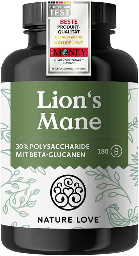 Nature Love® Lions Mane - 180 Capsules - High Dose with 1500 mg 30:1 Extract per Daily Dose - 30% Polysaccharides and 5% Beta Glucans - Hericium Erinaceus Mushroom - Vegan and Laboratory Tested