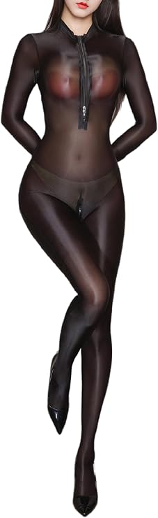 Freebily Women's Glossy Body Stocking Full Bodysuits See Through Mesh Sheer Mock Neck Zipper Jumpsuits