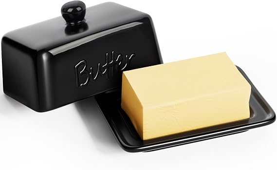 Ceramic Butter Dish with Lid for 500g Butter Block, Butter Keeper | Black ceramic | Fits 500g & 250g blocks | Protective lid | Dishwasher & microwave safe | Countertop storage