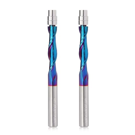 2PCS UP Cut Spiral Flush Trim Router Bit,1/4 Inch Shank 1-1/8 Inch Cutting Length Extra Long 3 Inch OVL,Carbide CNC Router Bit with Nano Coated for Triming