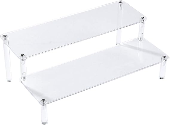 BYCY Acrylic Clear 2-Tier Riser Display Shelf for Figures, Desserts Holder, Collections Organizer and Cosmetic Items Shelf (12" x 6.9" x 4.25")