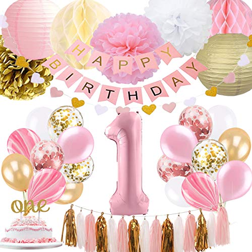 1st Birthday Girl Decoration, Girls First Birthday Decoration with Happy Birthday Banner, Number 1 Balloons for Pink and Gold Party Supplies Decoration 1st Birthday