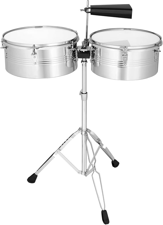 Percussion 13" & 14" Timbales Drum Set with Stand and Cowbell (Silver)