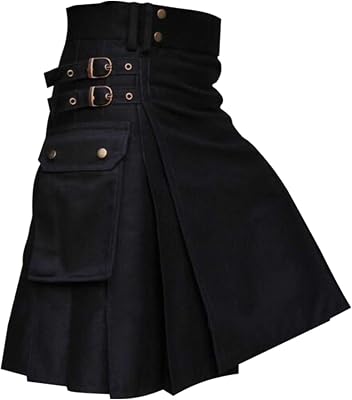 Mens Black Utility Kilt Scottish Traditional Highland Solid Pleated Skirt with Cargo Pockets Tactical Modern Gothic Kilts