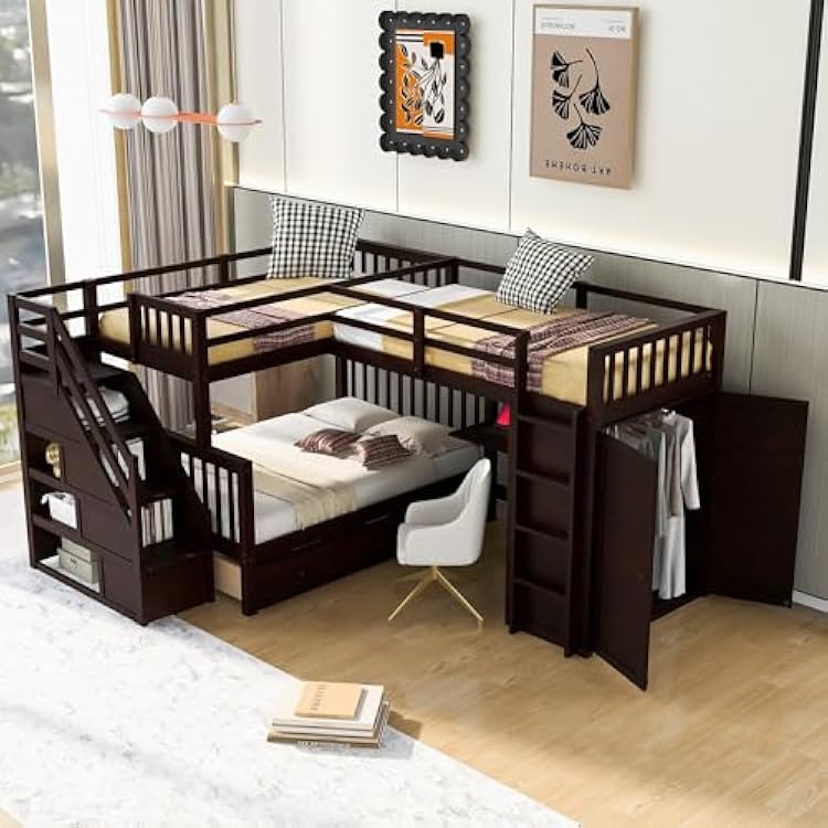 RUNWON Wood Twin Over Twin Over Full Size L-Shaped Bunk Bed with 3 Drawers,Portable Desk and Wardrobe for Kids Adults