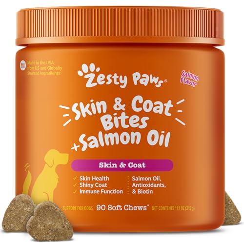 Zesty Paws Salmon Oil for Dogs Skin and Coat, Omega 3 Fish Oil Chews, Dog Allergy Relief Chews, Itch Relief Supplement, 90 Count, Bacon Flavor