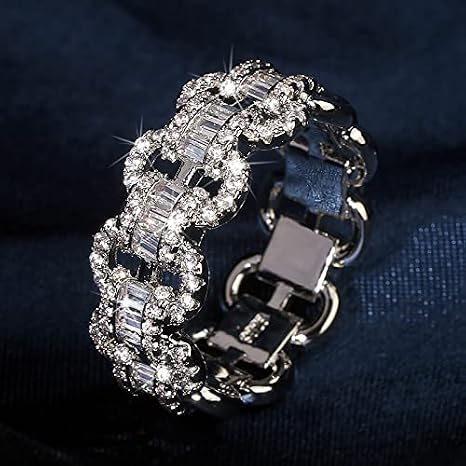 White Gold Plated Promise Rings Sterling Silver Cubic Zirconia Ring Simulated Diamond CZ Chain Link Ring for Women Eternity Band for Women (T 1/2)