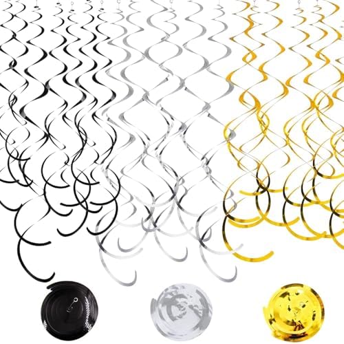 36Pcs Hanging Swirl Party Decorations Foil Decorations Ceiling Swirl Spiral Hanging Plastic Streamer for Ceiling Birthday Graduation Wedding Celebration Baby Shower Party Supply Black Gold Silver