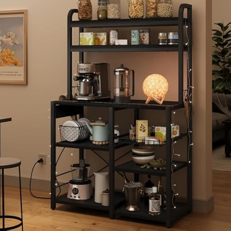 Kitchen Bakers Rack with Power Outlet, 6-Tier Microwave Stand with Large Open Storage Shelves and Wire Basket, Kitchen Storage Shelf Rack for Spices, Pots, Black