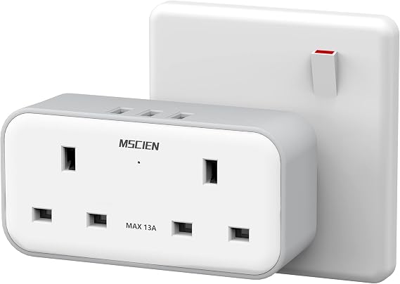 Plug Adapter with 3 USB, Mscien Double Plug Adaptor, Multi Plug Extension, Dual 2 Pin Socket at The Bottom, 13A UK Surge Protected Multiplug Extender, Wall Charger Power Socket for Home Kitchen Office