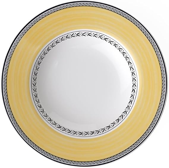 Villeroy & Boch Audun Fleur Rim Soup, 9.5 in, Premium Porcelain, White/Gray/Yellow | Multicolor premium porcelain soup plate, made in Germany, dishwasher and microwave safe, holds hearty soups and stews