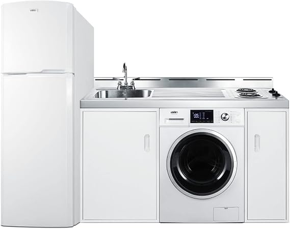 Summit 83" Wide All-In-One Kitchenette with Washer/Dryer Combo, Full Sized Refrigerator, Cooktop, Sink, White- ACKSPWD82