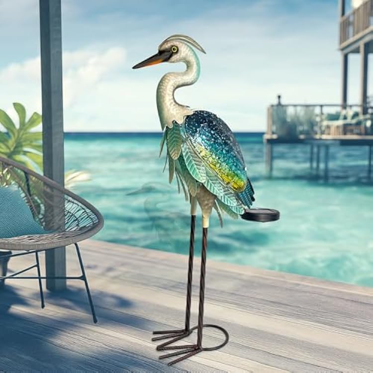 HONGLAND Solar Heron Metal Crane Statue Garden Heron Sculpture, Glass Outdoor Crane Yard Art Coastal Ocean Bird Decor 24 Inch Lawn Ornament for Backyard Porch Patio DecorGreen
