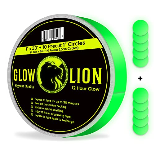 Glow Lion Glow in The Dark Tape Outdoor & Indoor for Safety, Decals & Decorations 30 x 1 roll of Vinyl Green Fluorescent Adhesive Tape, Waterproof & photoluminescent, Sticks to Walls & Stairs