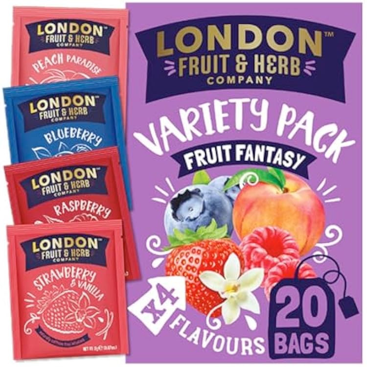 London Fruit & Herb Fruit Fantasy Teabags - Blueberry, Raspberry, Strawberry & Vanilla - 20 Teabags - Kosher, Caffeine Free