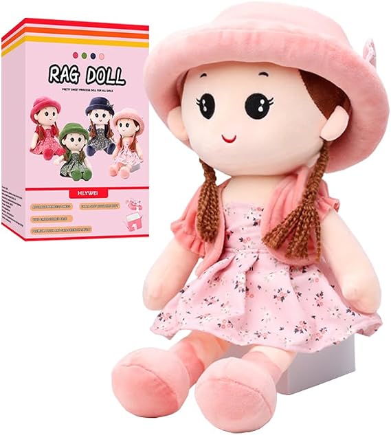 Princess Doll Plush Soft Cuddly Rag Doll, Cute Cartoon Little Girl's Buddy, 35 cm, Pink, 1+ Years